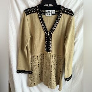 Storybook Knits Tan & Black Beaded Full Zip Knit Cardigan Size S